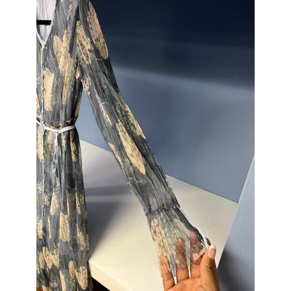 Zara Collection Women S Floral Kimono Maxi Dress Muted Pleated Sheer Beach Rare - Picture 6 of 14